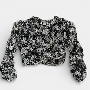 Zara Black White Floral Long Sleeve Crop Blouse XS